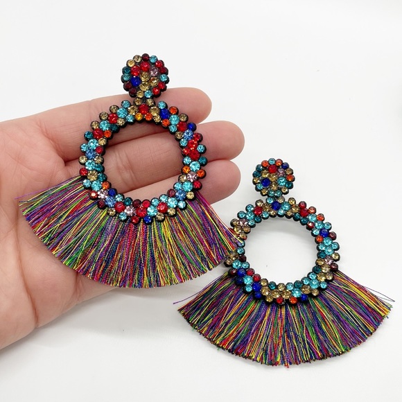 New Multicolored Round Fringe Dangle Stud Earrings - Picture 6 of 9